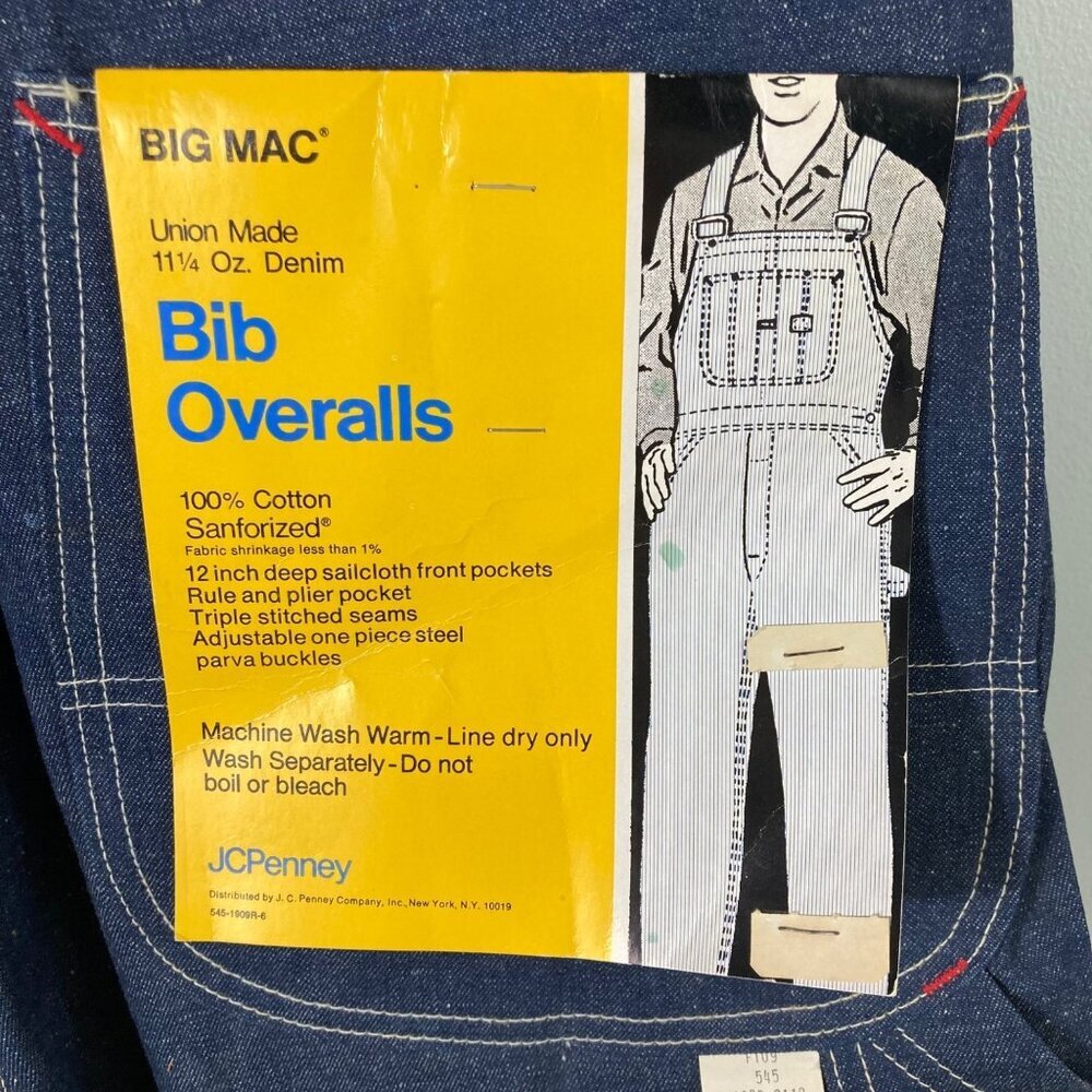 Mens Vintage 50s60s JCPenney Deadstock Big Mac Union Made DenimBibOveralls 40x30
